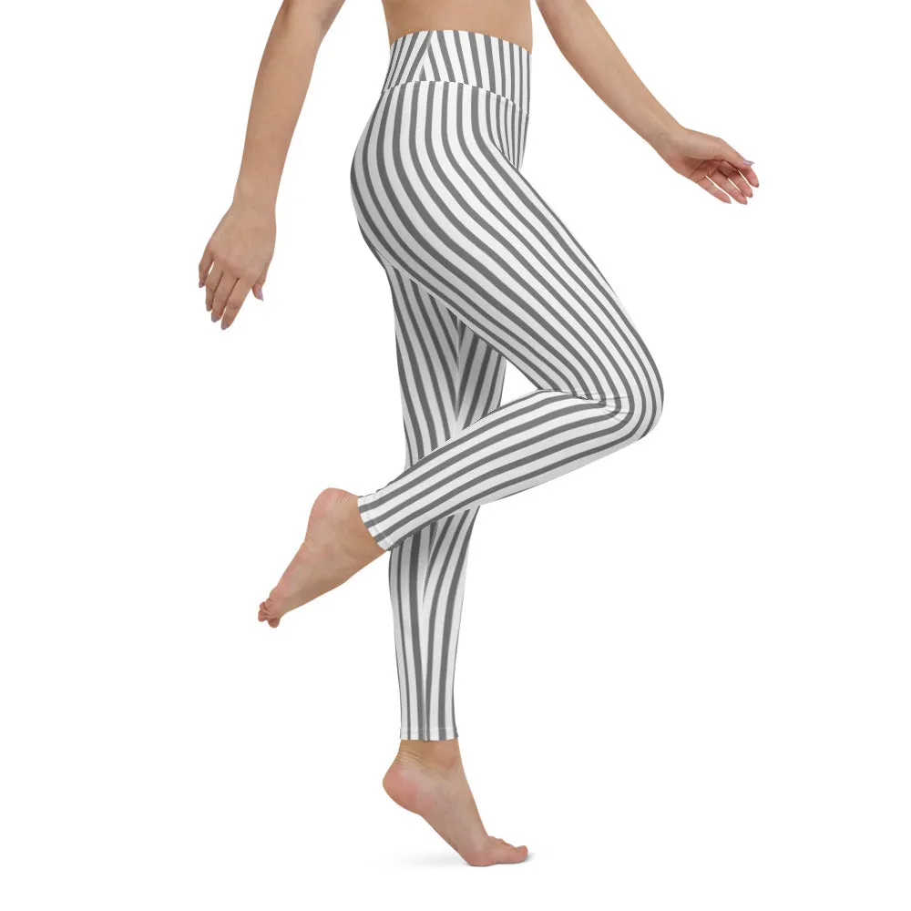 Grey White Striped Yoga Leggings, Vertically Striped Long Women's Long Tights-Made in USA/EU/MX