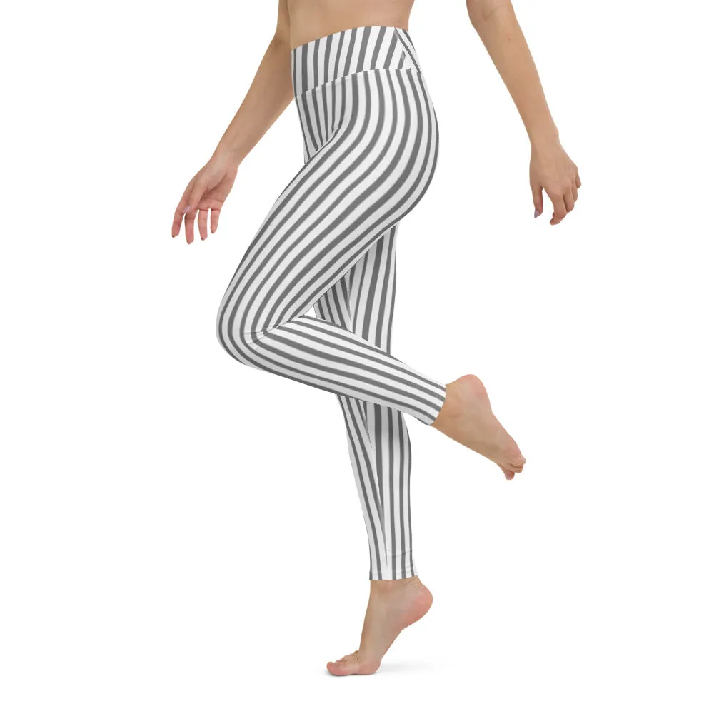 Grey White Striped Yoga Leggings, Vertically Striped Long Women's Long Tights-Made in USA/EU/MX