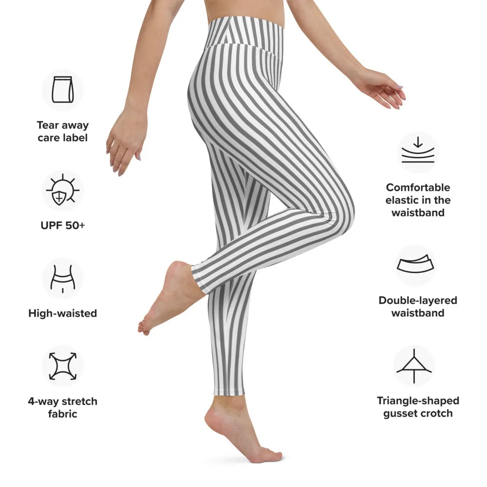 Grey White Striped Yoga Leggings, Vertically Striped Long Women's Long Tights-Made in USA/EU/MX