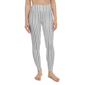 Grey White Striped Yoga Leggings, Vertically Striped Long Women's Long Tights-Made in USA/EU/MX