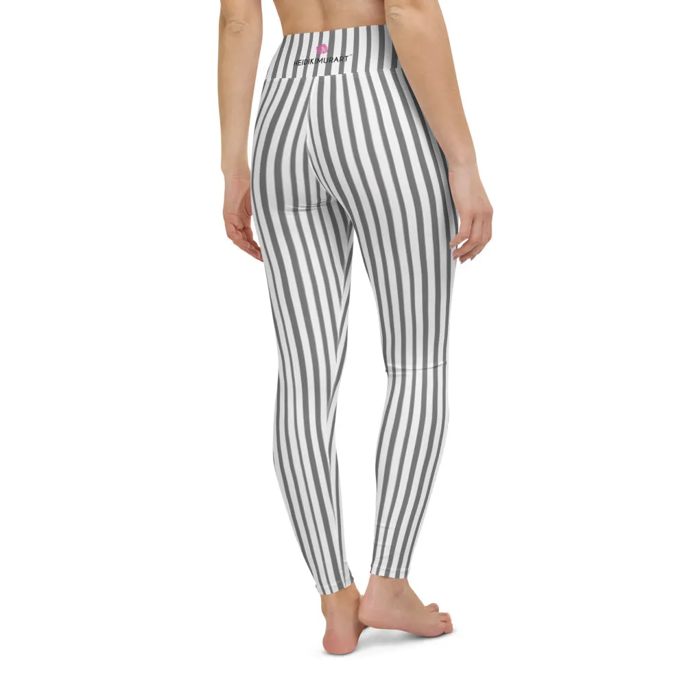 Grey White Striped Yoga Leggings, Vertically Striped Long Women's Long Tights-Made in USA/EU/MX