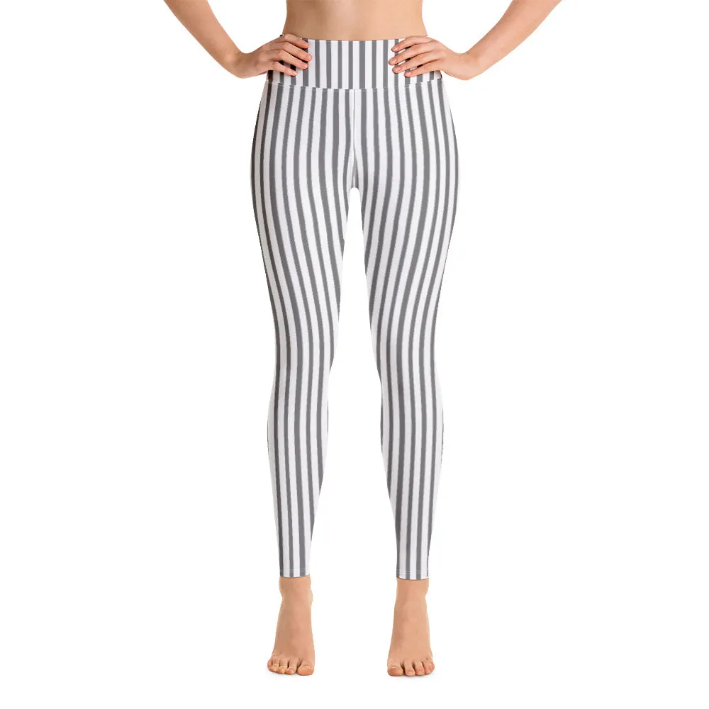 Grey White Striped Yoga Leggings, Vertically Striped Long Women's Long Tights-Made in USA/EU/MX