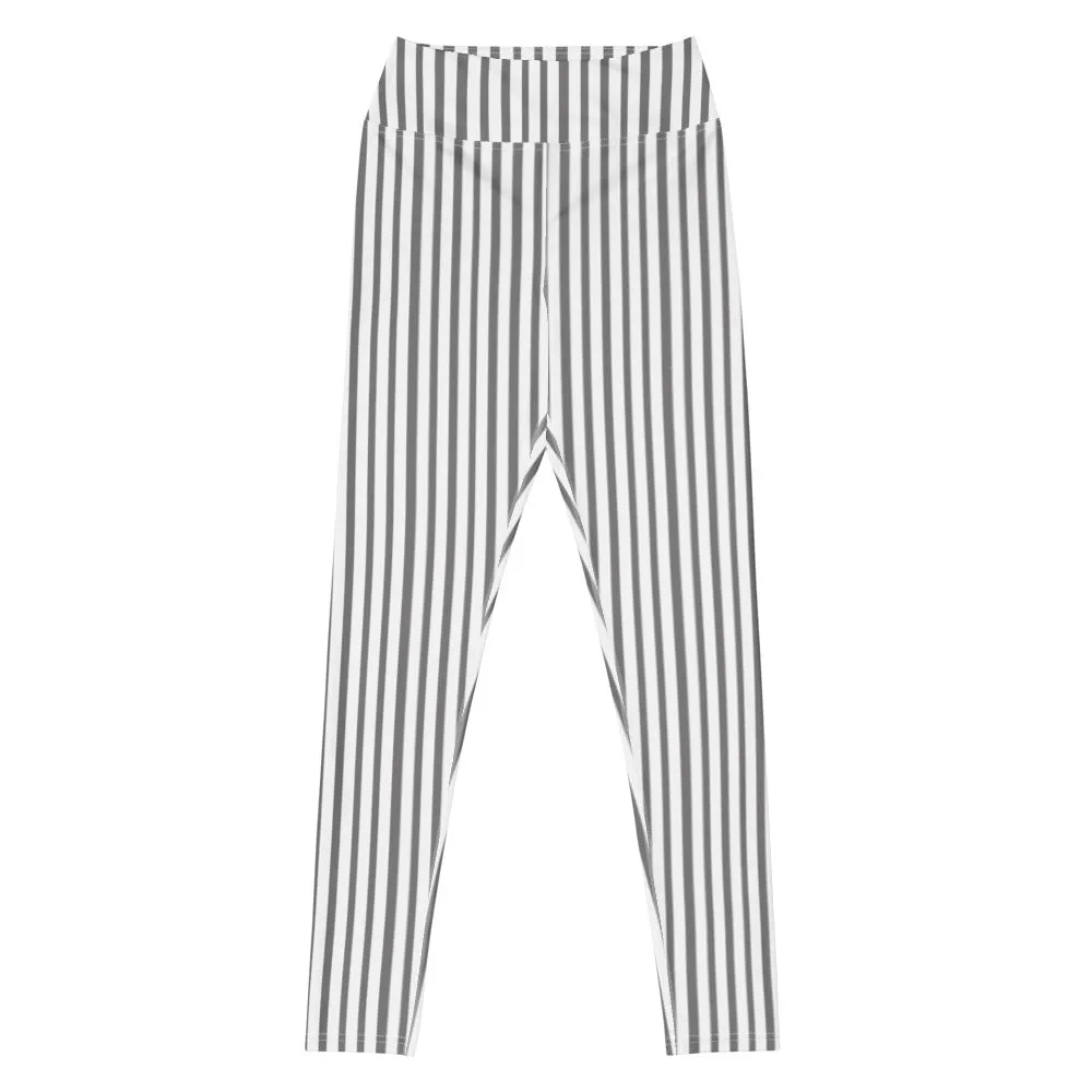 Grey White Striped Yoga Leggings, Vertically Striped Long Women's Long Tights-Made in USA/EU/MX