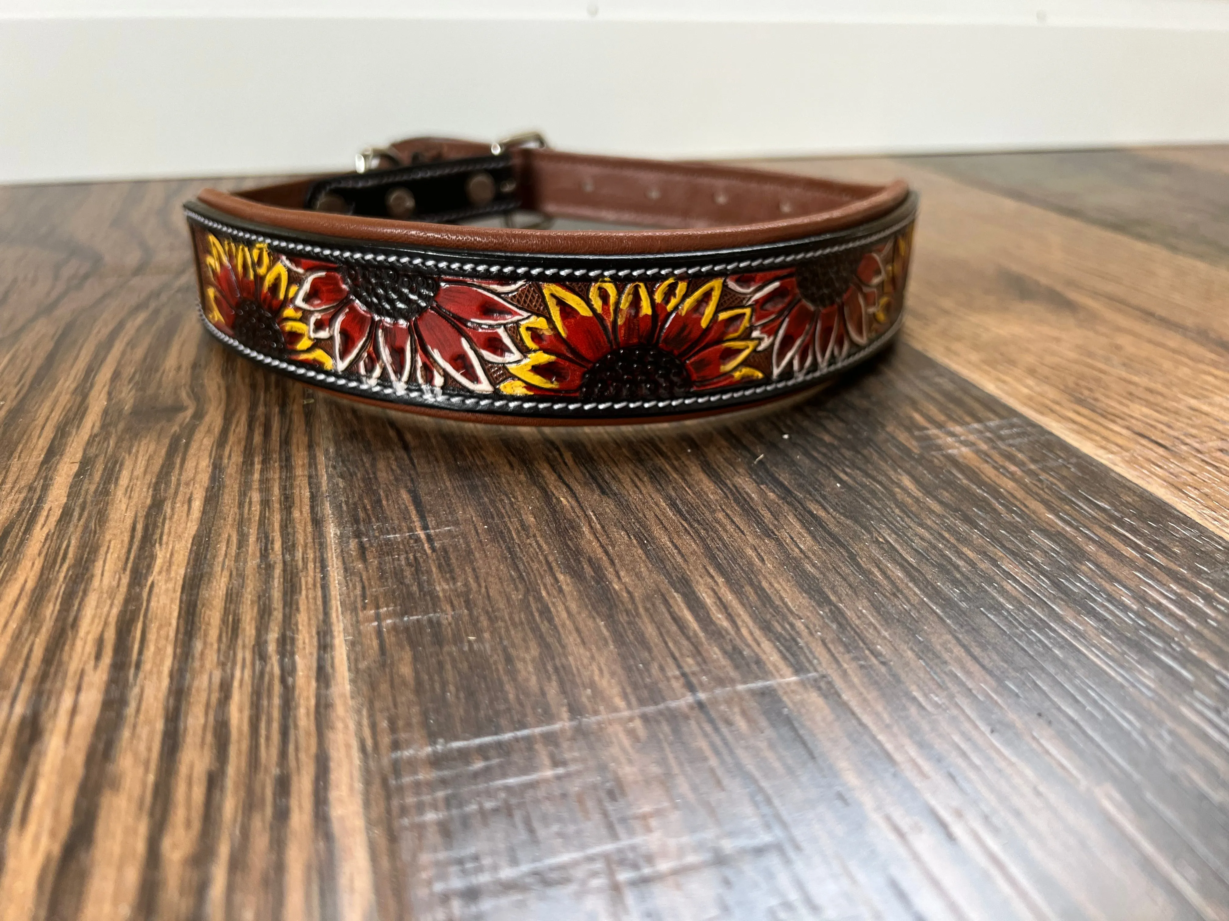 Handcrafted Padded Leather Tooled Dog Collar Fire Sunflowers