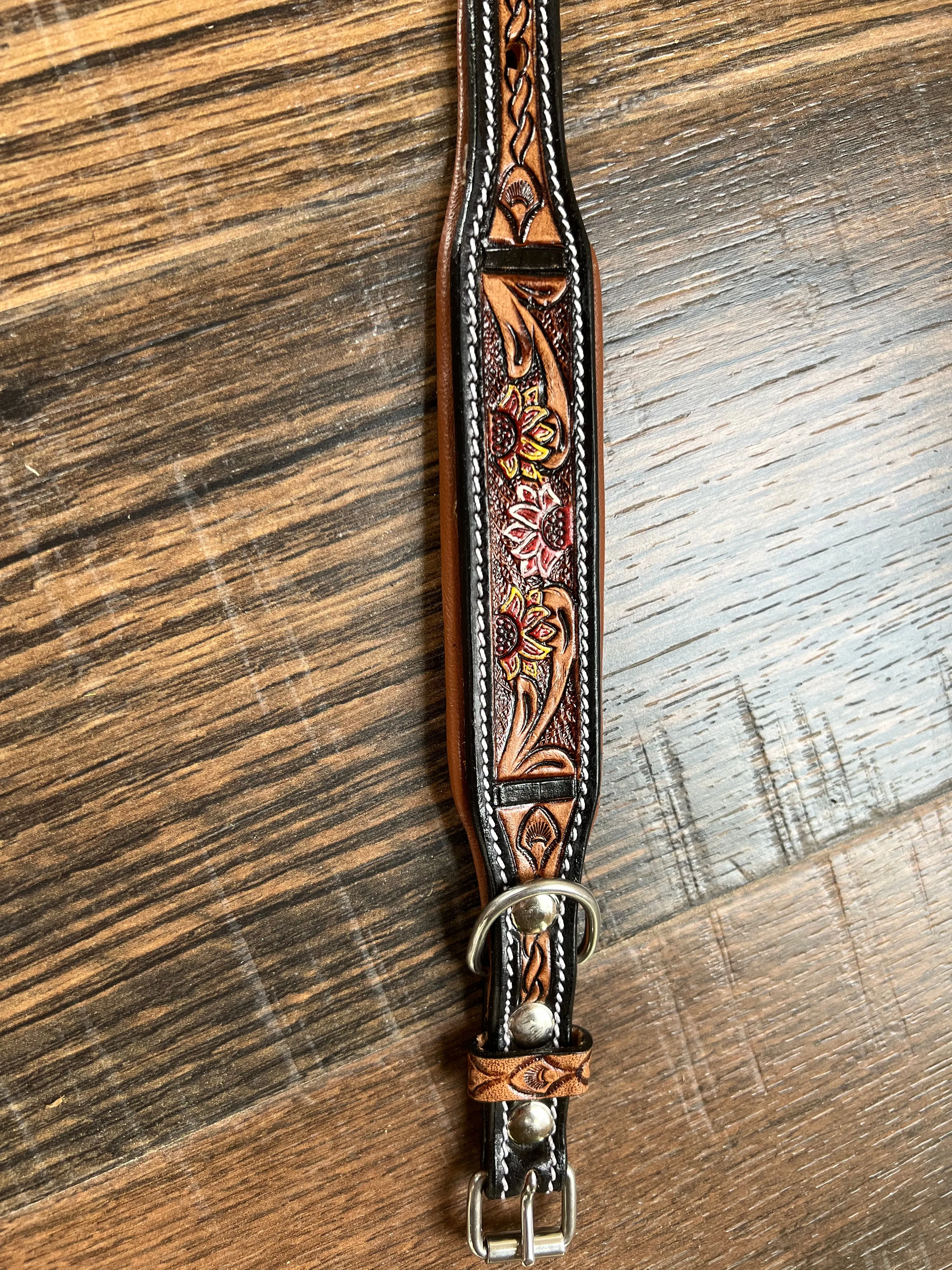 Handcrafted Padded Leather Tooled Dog Collar Fire Sunflowers