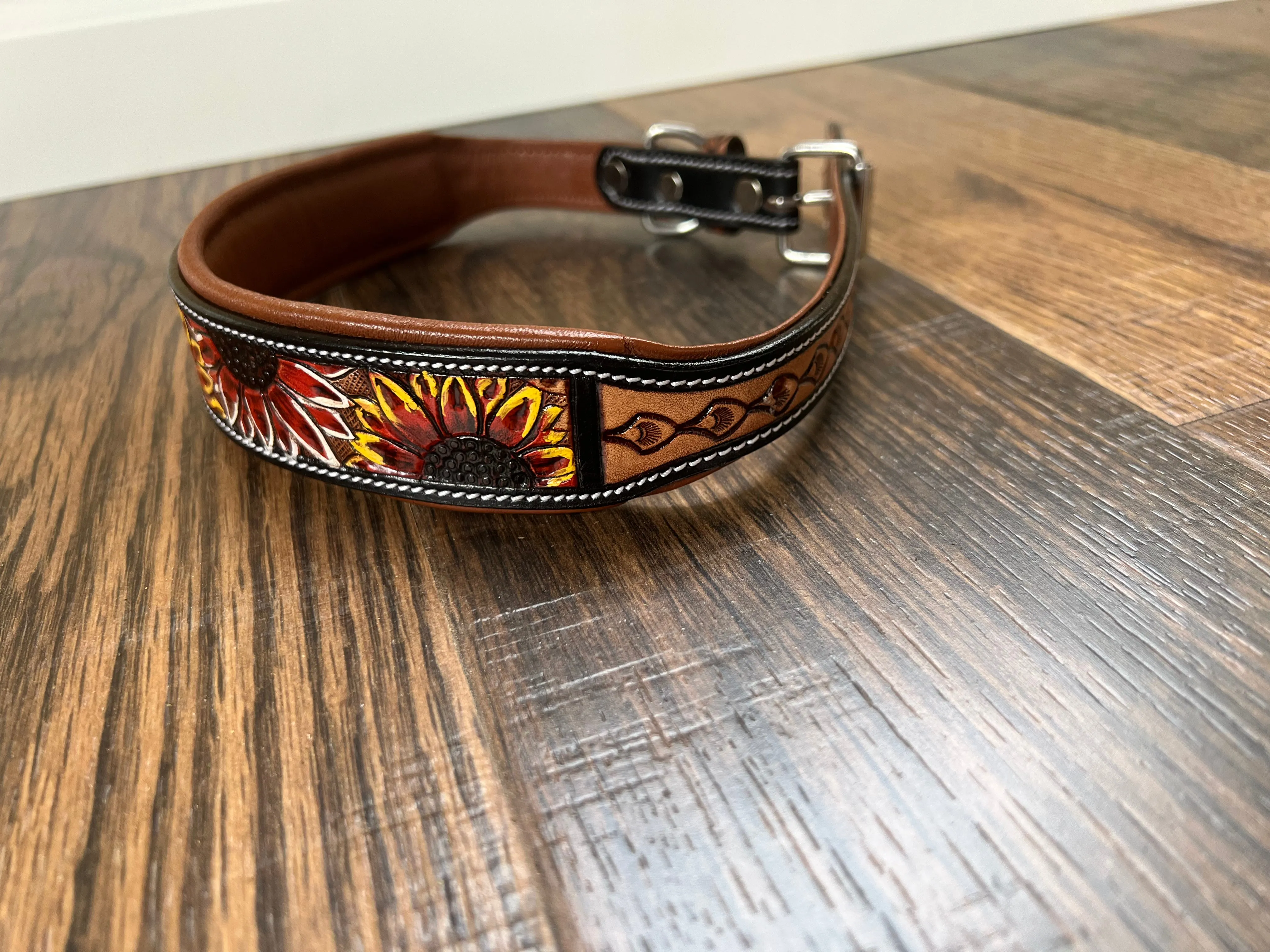 Handcrafted Padded Leather Tooled Dog Collar Fire Sunflowers