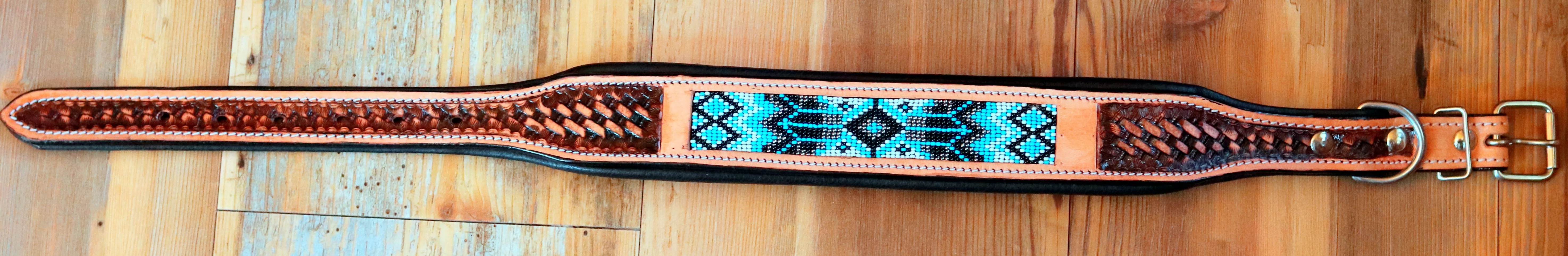 Handcrafted Padded Leather Tooled Dog Collar with Blue, White and Black Beading