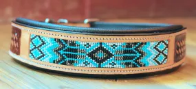 Handcrafted Padded Leather Tooled Dog Collar with Blue, White and Black Beading