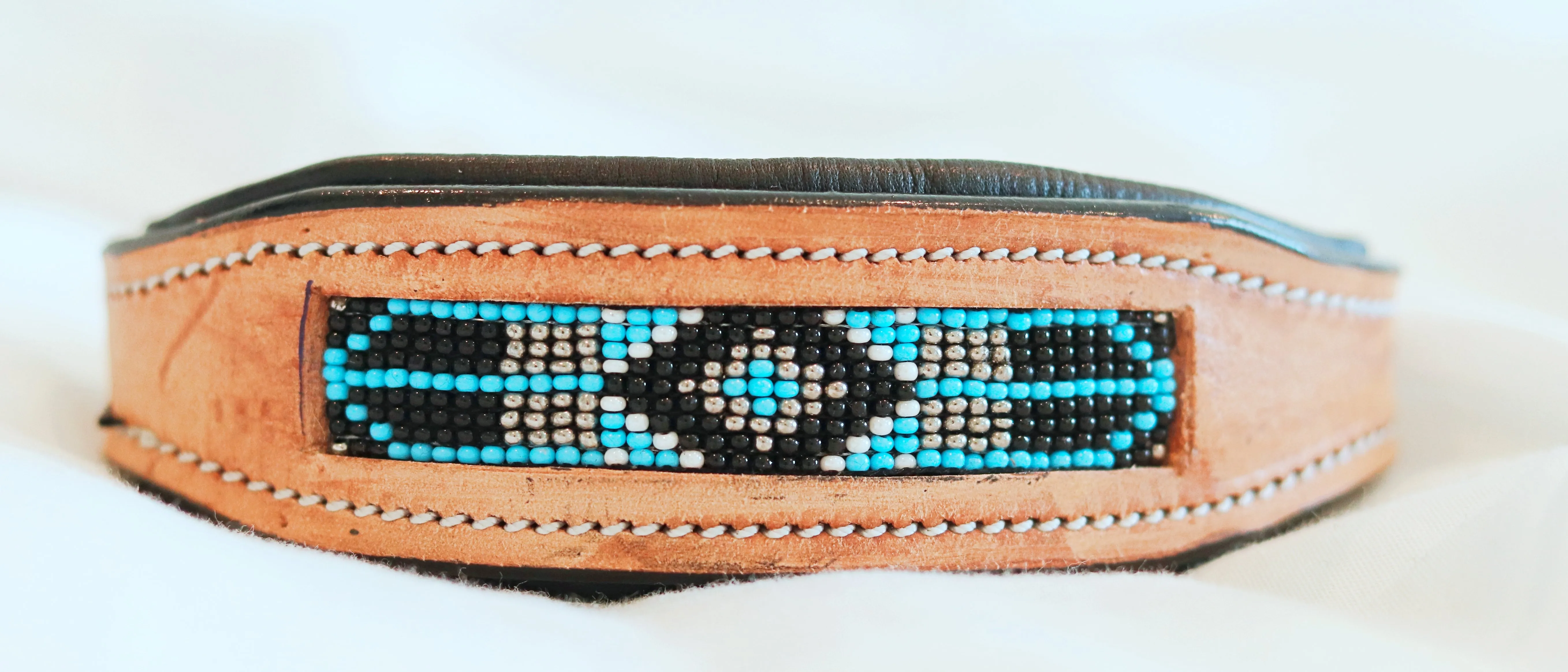 Handcrafted Padded Leather Tooled Dog Collar with Blue, White and Black Beading