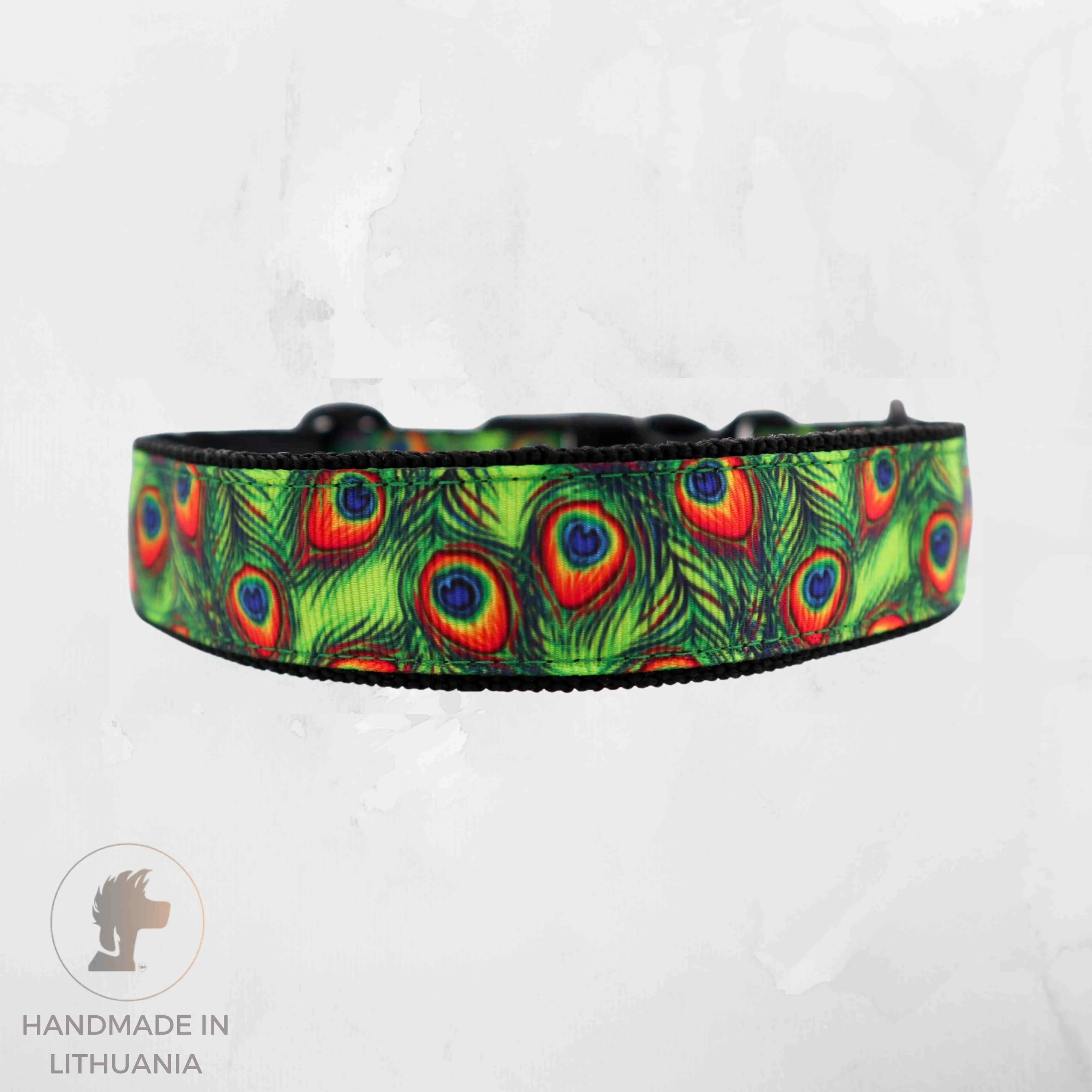 Handmade Dog Collar | Green Feathers | Width: 15-20-25 mm