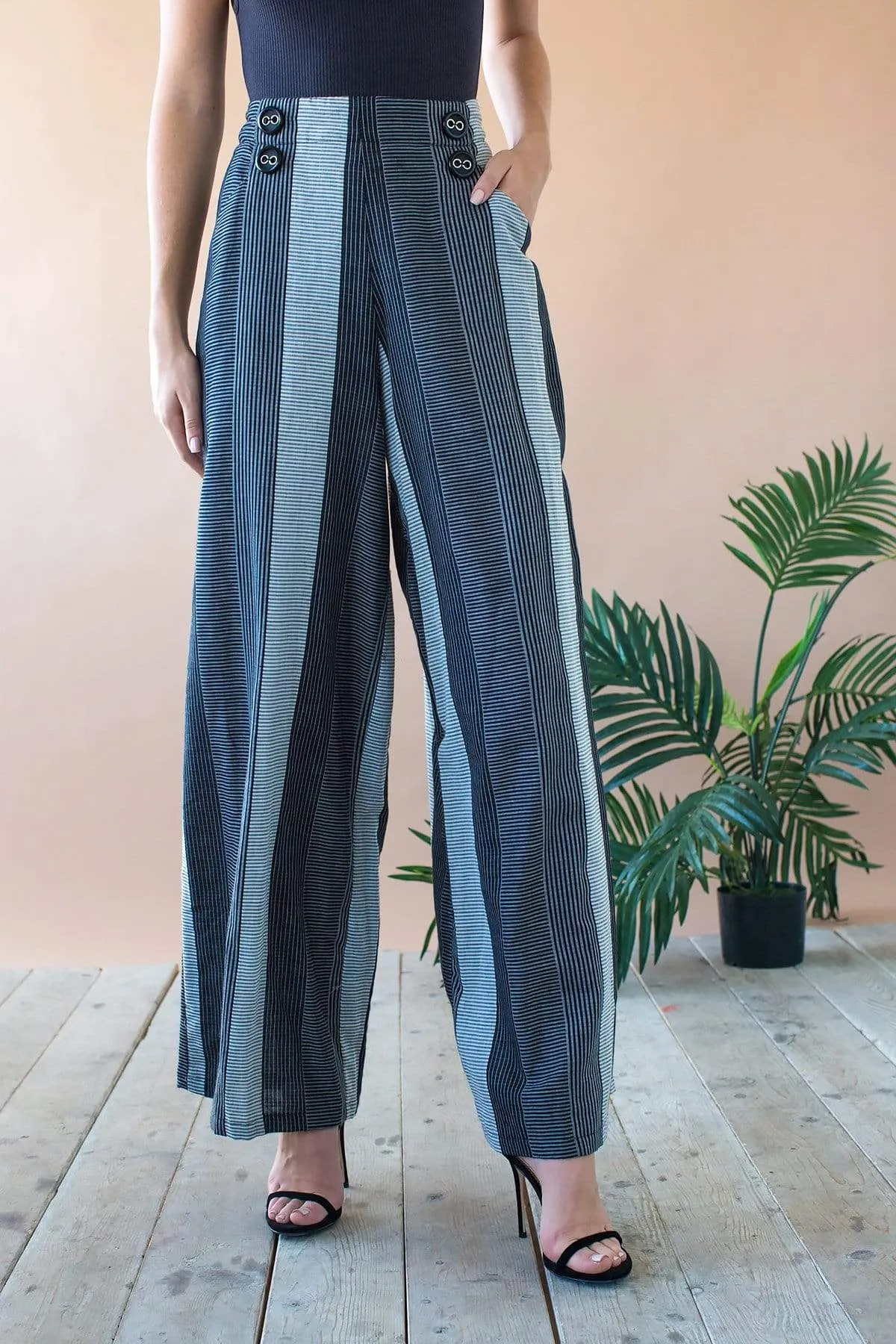 Hepburn High Waist Wide Leg Pants - Graphite Stripe