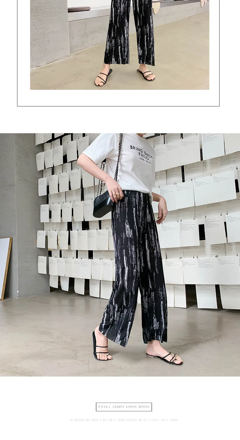 High Waist Drape Loose Slim Look Straight Knitted Summer Casual Pants Ice Silk Wide Leg Women Pants