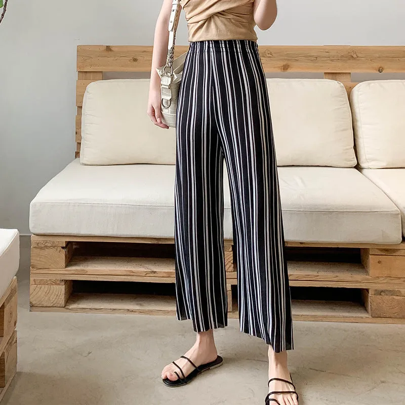 High Waist Drape Loose Slim Look Straight Knitted Summer Casual Pants Ice Silk Wide Leg Women Pants