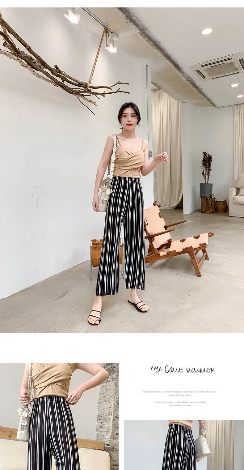 High Waist Drape Loose Slim Look Straight Knitted Summer Casual Pants Ice Silk Wide Leg Women Pants