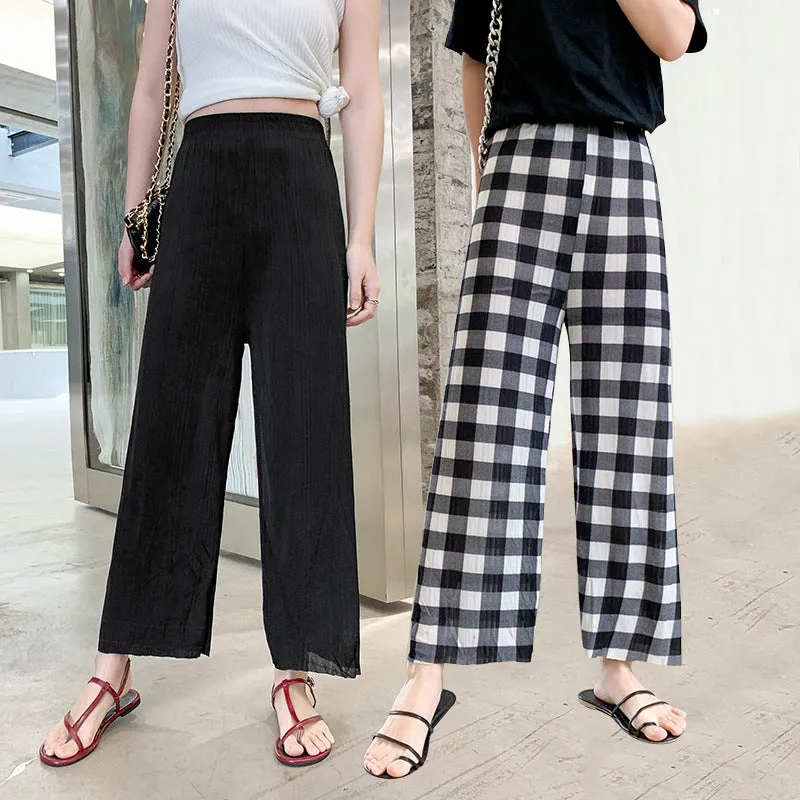 High Waist Drape Loose Slim Look Straight Knitted Summer Casual Pants Ice Silk Wide Leg Women Pants