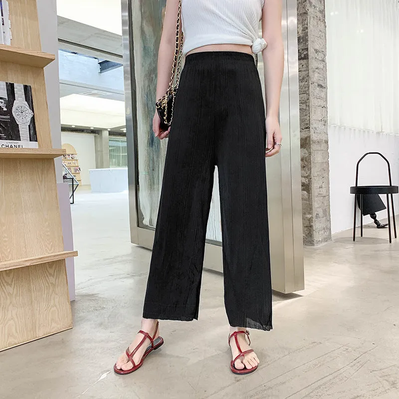 High Waist Drape Loose Slim Look Straight Knitted Summer Casual Pants Ice Silk Wide Leg Women Pants