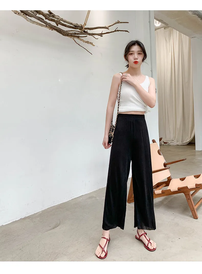 High Waist Drape Loose Slim Look Straight Knitted Summer Casual Pants Ice Silk Wide Leg Women Pants