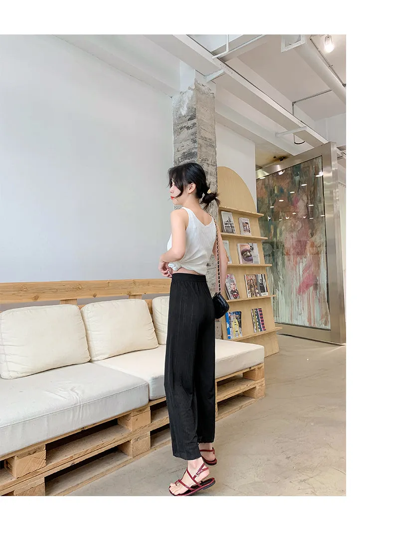 High Waist Drape Loose Slim Look Straight Knitted Summer Casual Pants Ice Silk Wide Leg Women Pants