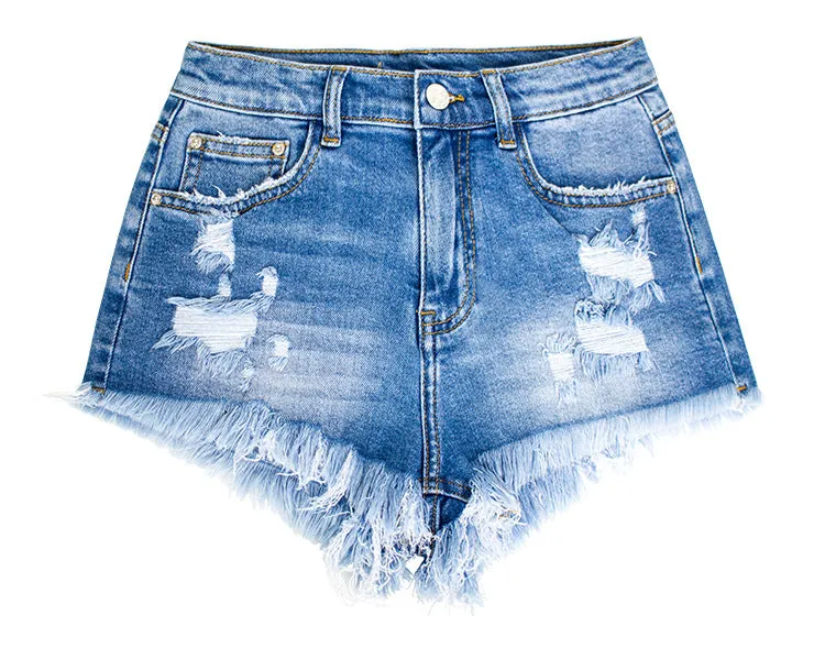 High Waist Holes Fringed Edges Shorts