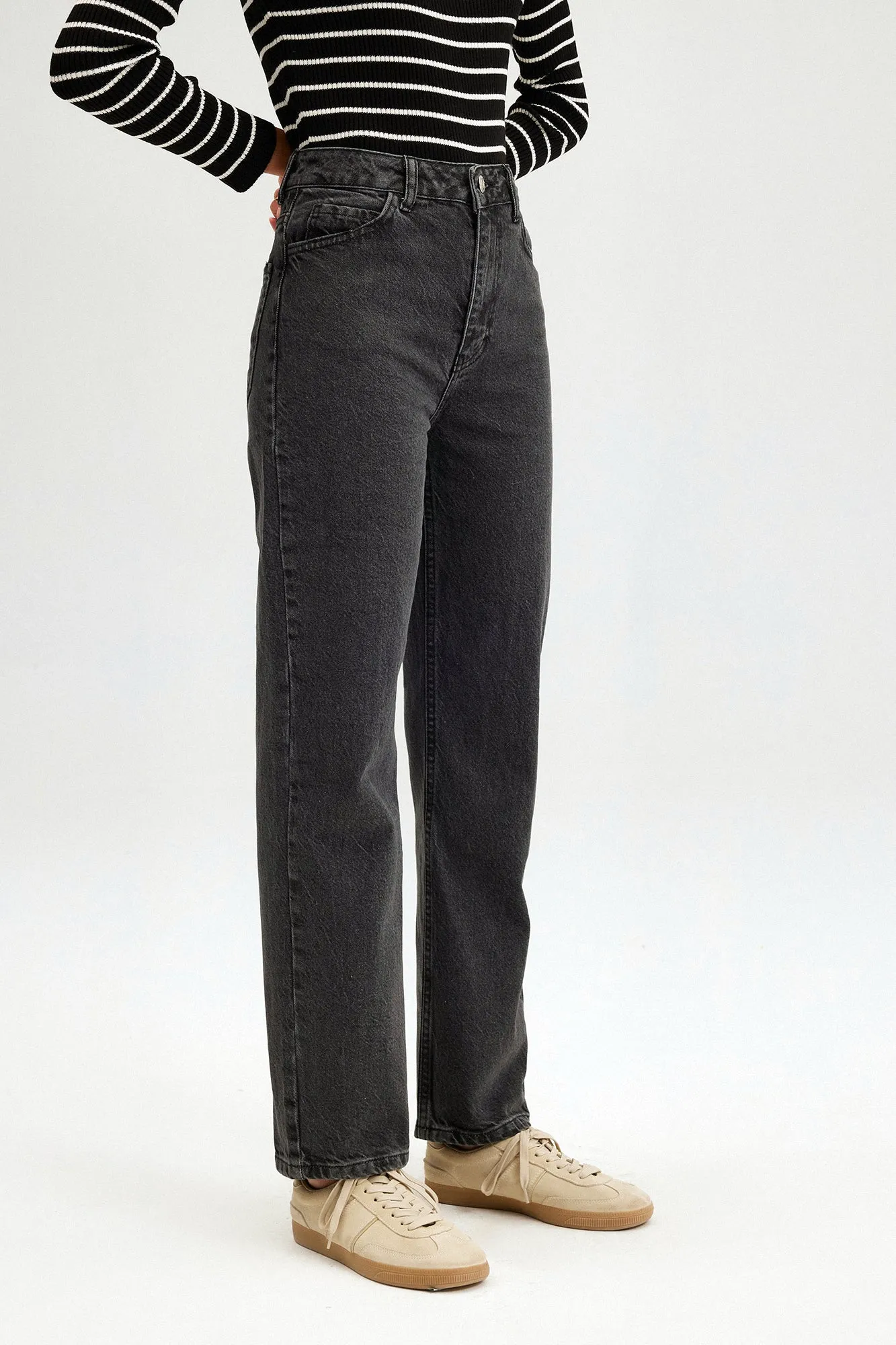 HIGH WAIST STRAIGHT FIT DENIM PANTS