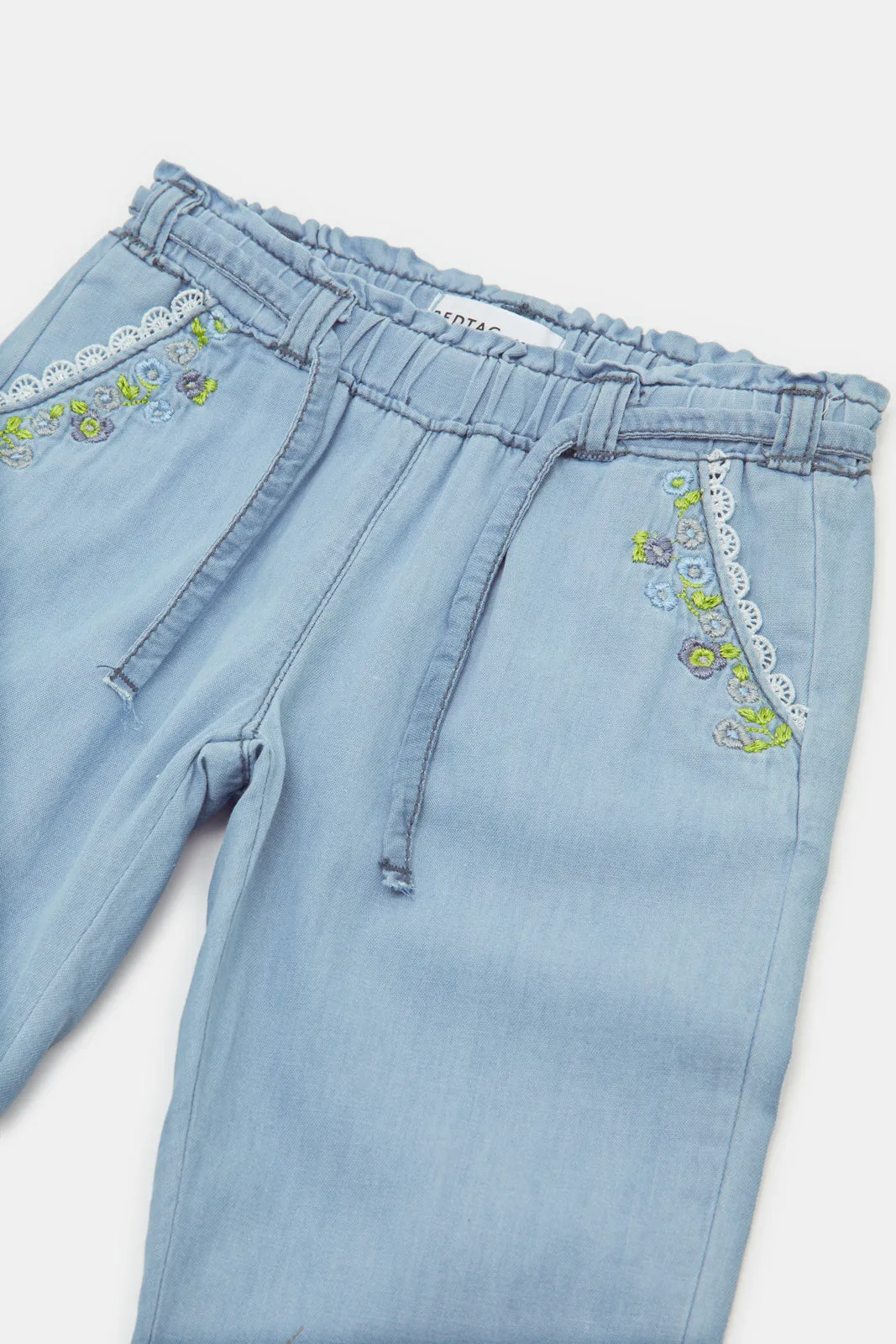 Infant Girls Blue Embellished Side Pockets Paper Bag Jeans