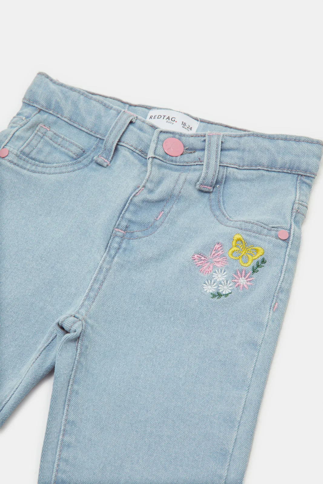 Infant Girls Blue Flower Embroidery Jeggings