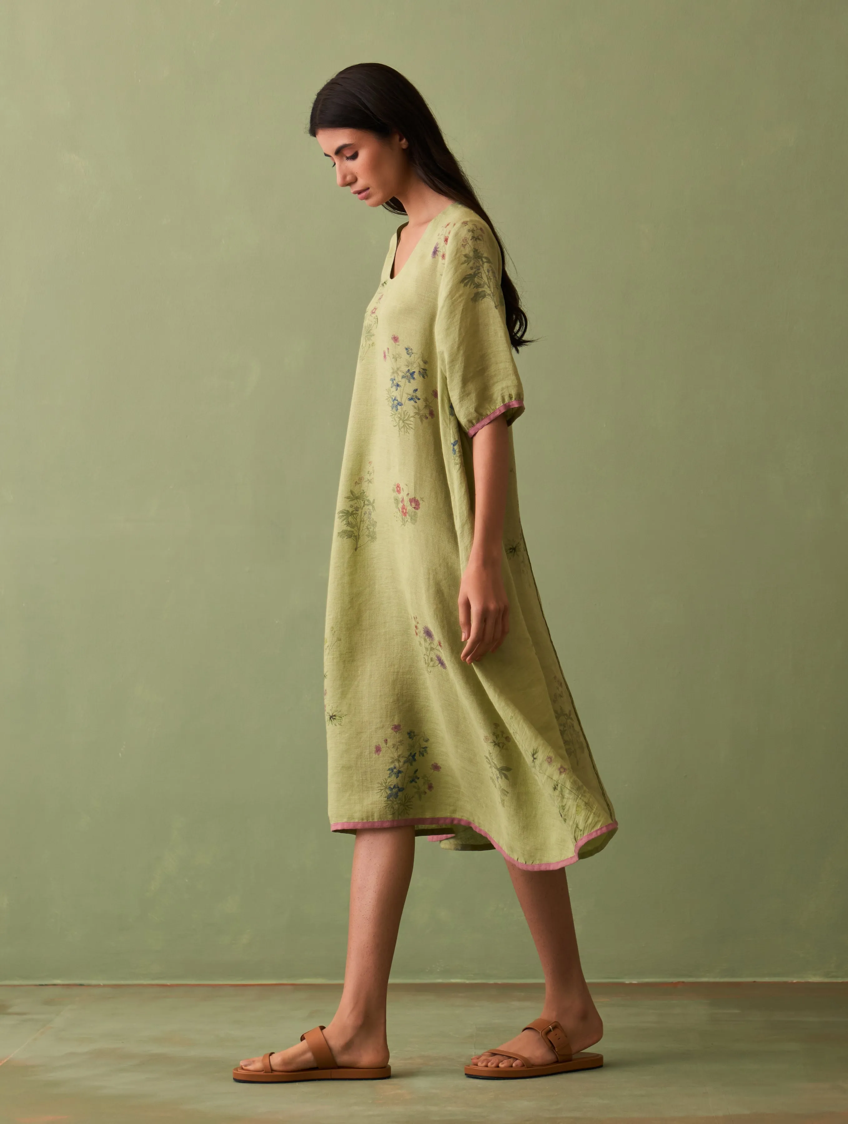 Kanami Botanical Linen Dress - Fern