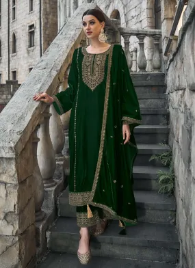 Kilory Party Wear Green Unstitched Velvet Suit Dress Material for Women