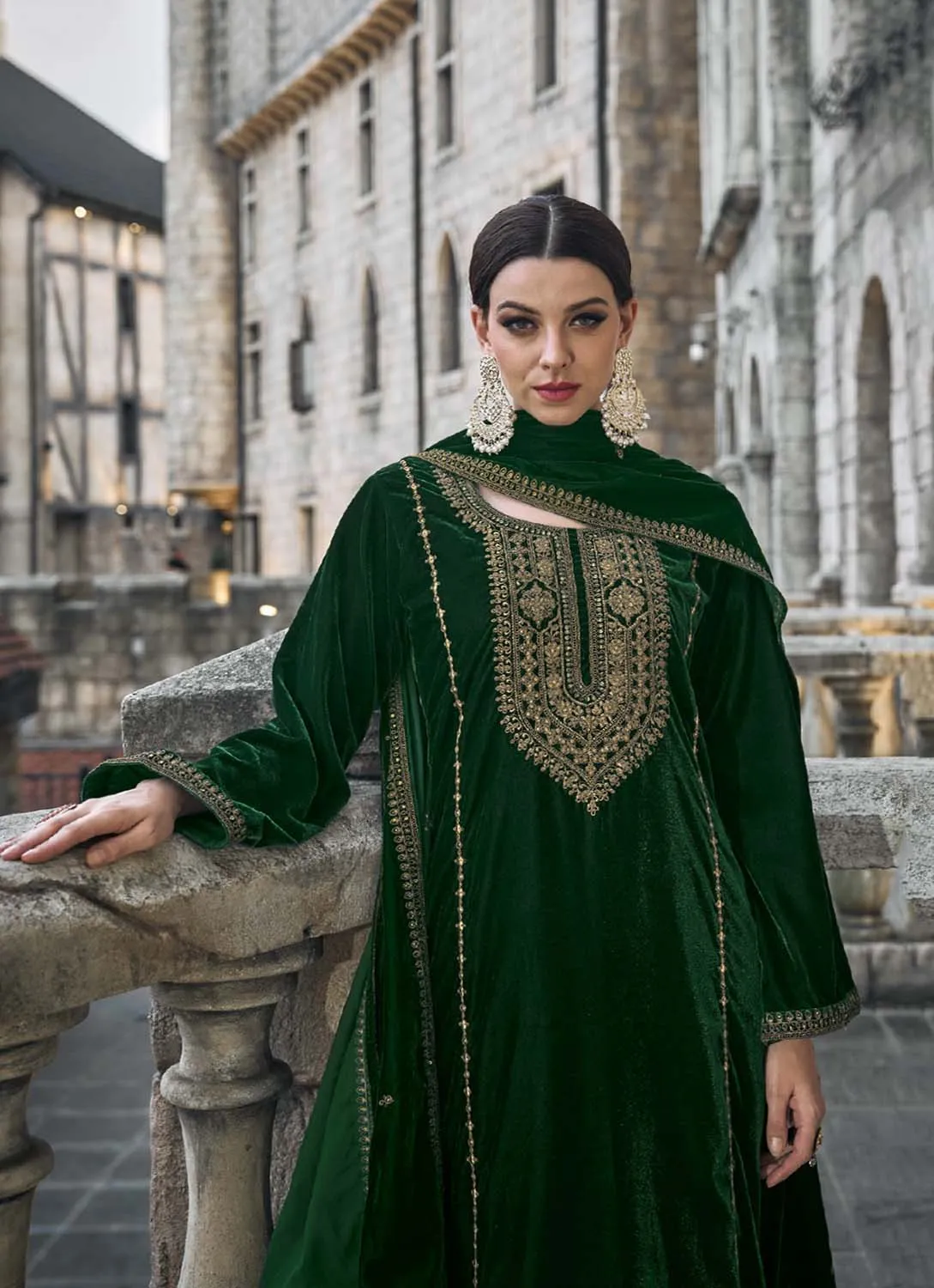 Kilory Party Wear Green Unstitched Velvet Suit Dress Material for Women