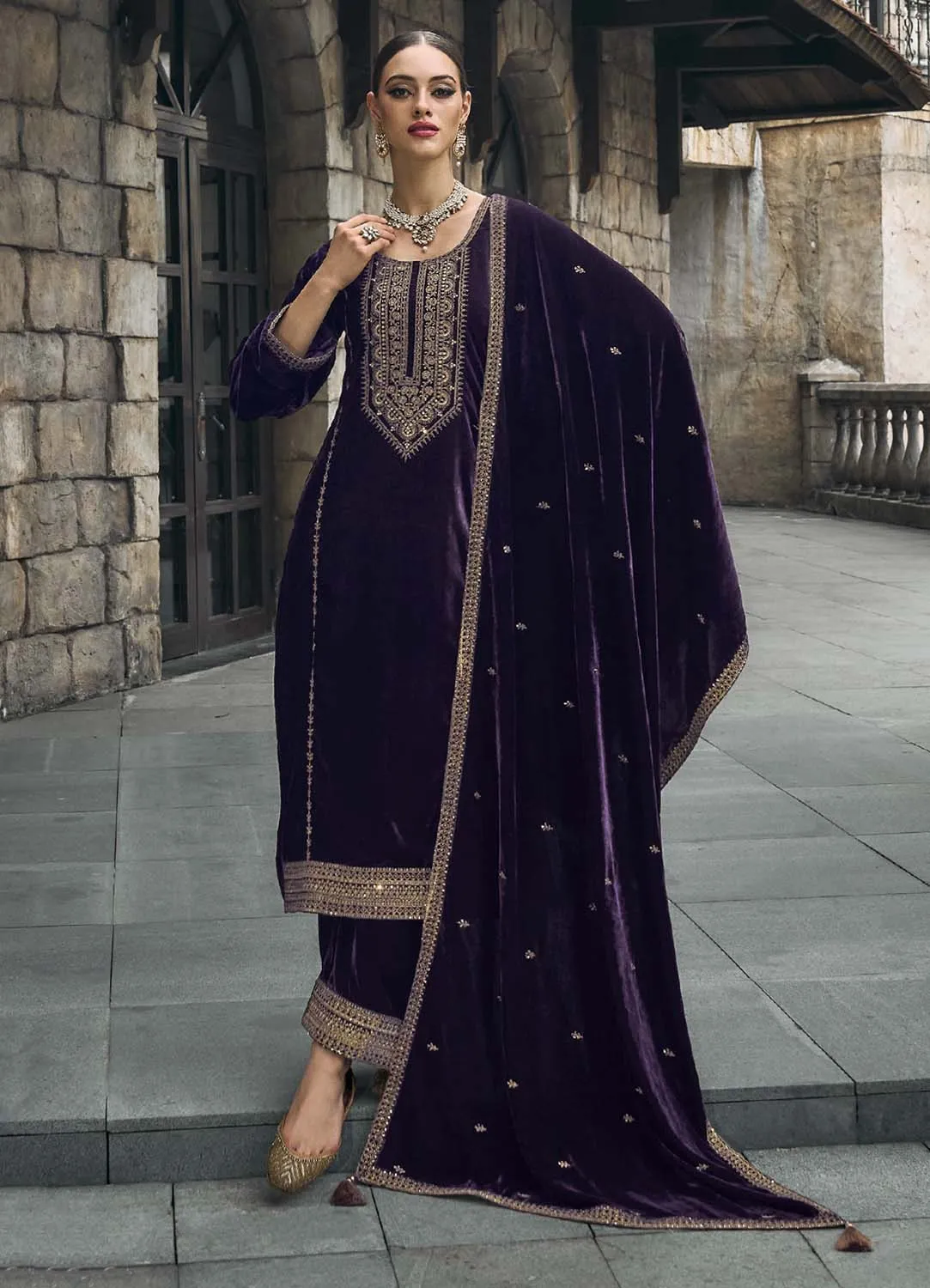 Kilory Party Wear Purple Unstitched Women Velvet Suit Dress Material