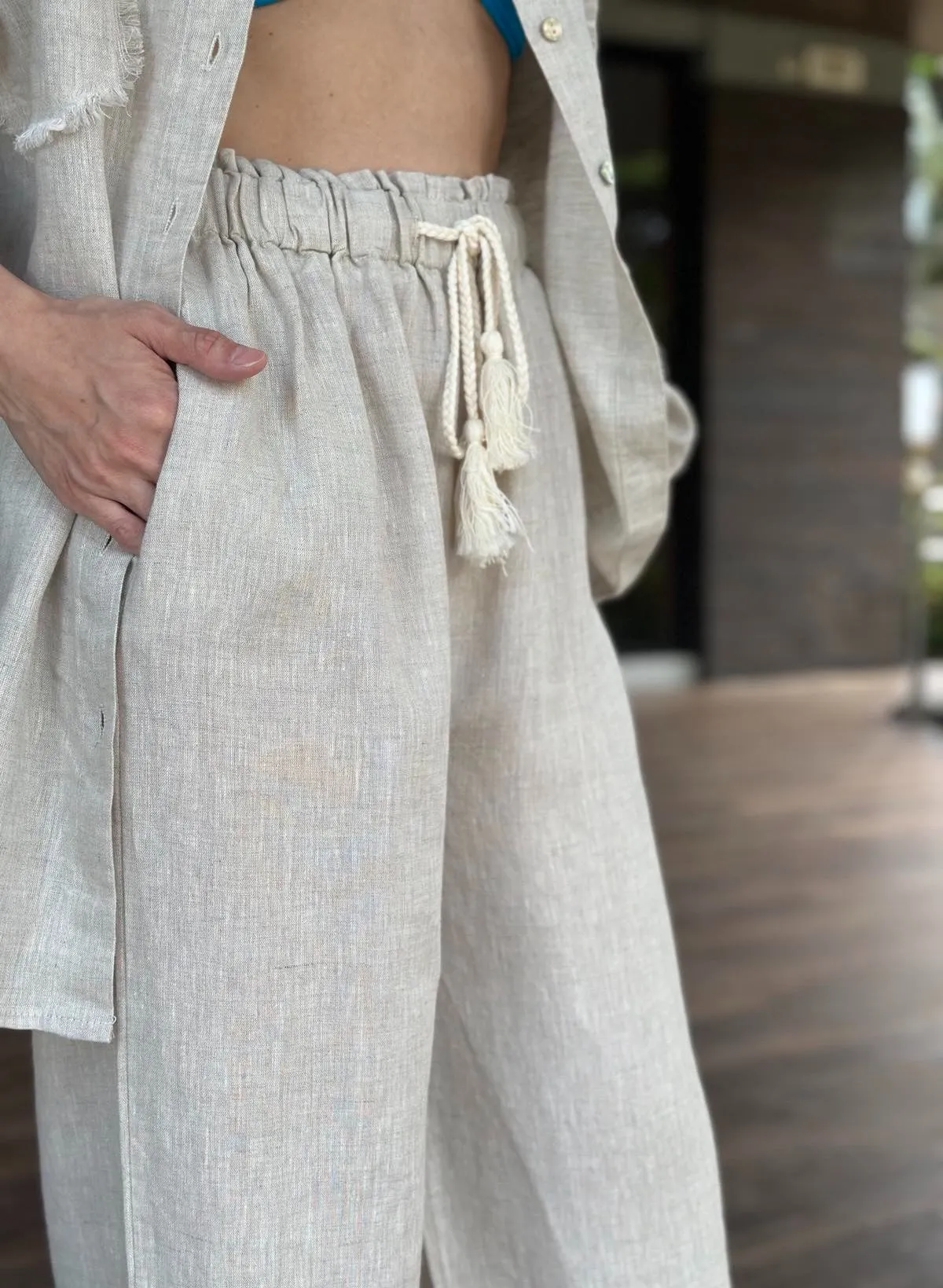 Laker Linen Tassle Pants Set in Beige