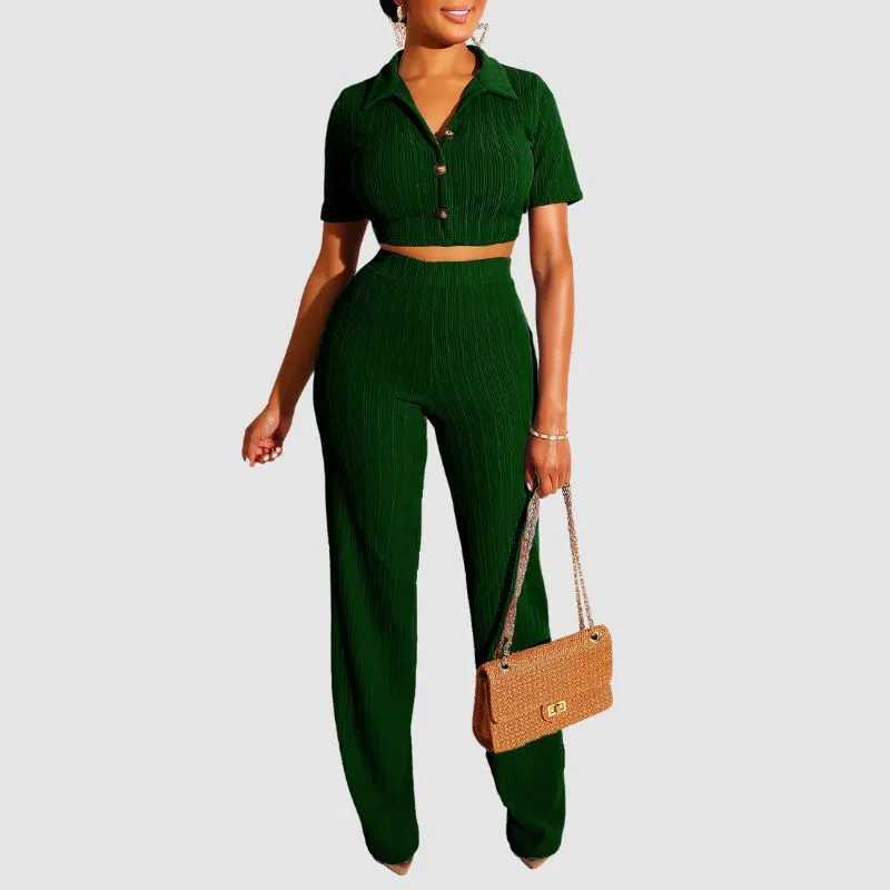 Lapel Crop Top & Long Pant Set