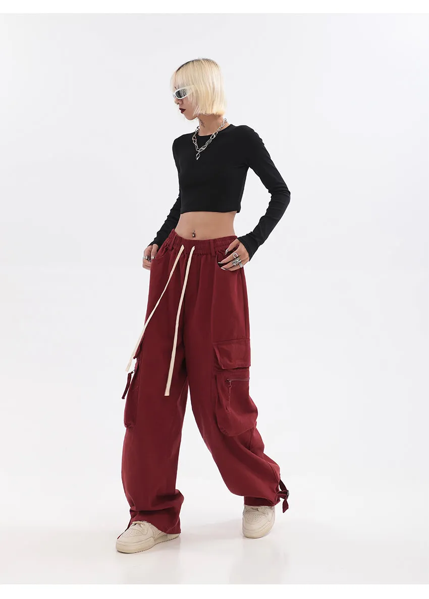 Layla Solid Color Red Straight Leg High Waist Multi-Pocket Cargo Pants