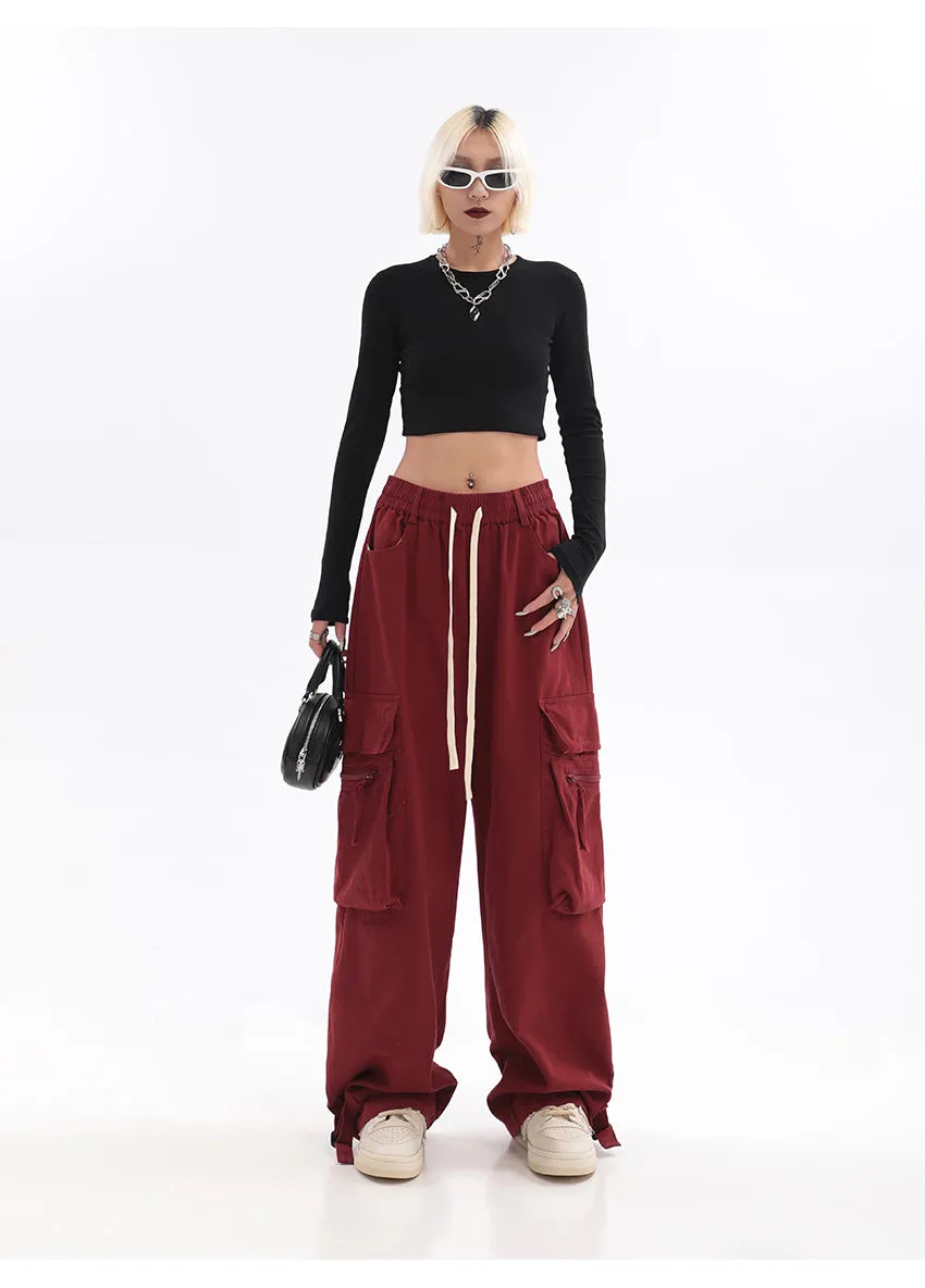 Layla Solid Color Red Straight Leg High Waist Multi-Pocket Cargo Pants