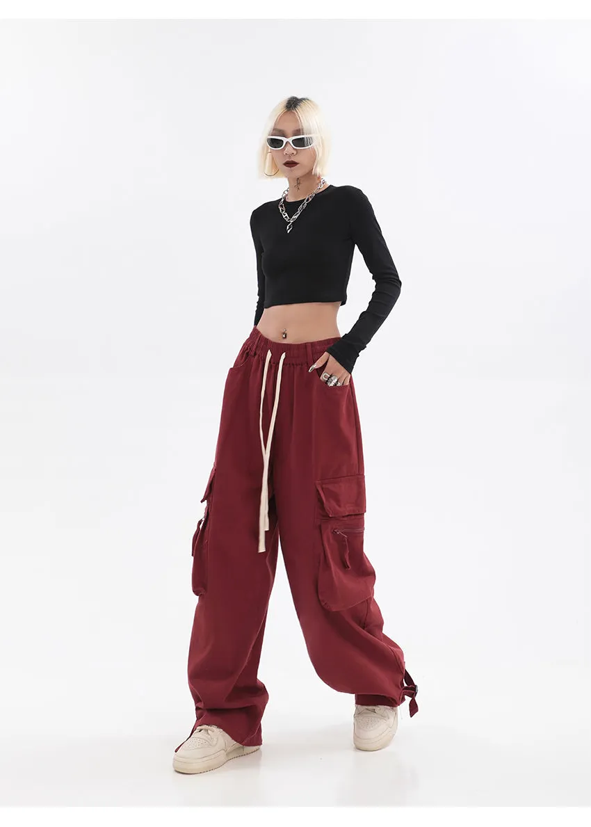 Layla Solid Color Red Straight Leg High Waist Multi-Pocket Cargo Pants