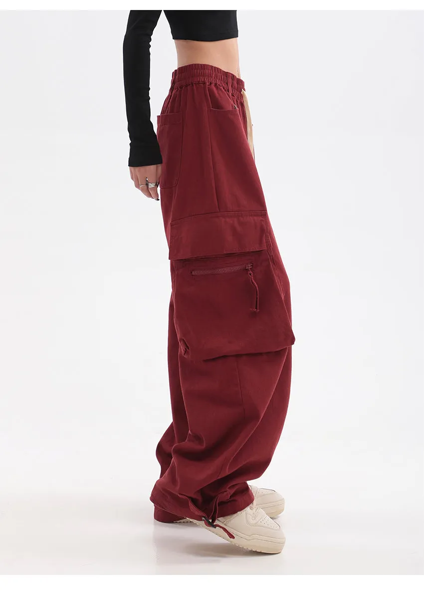 Layla Solid Color Red Straight Leg High Waist Multi-Pocket Cargo Pants