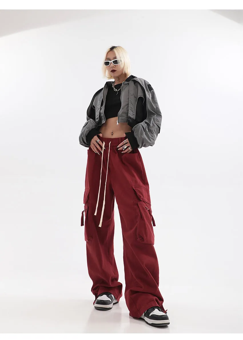 Layla Solid Color Red Straight Leg High Waist Multi-Pocket Cargo Pants