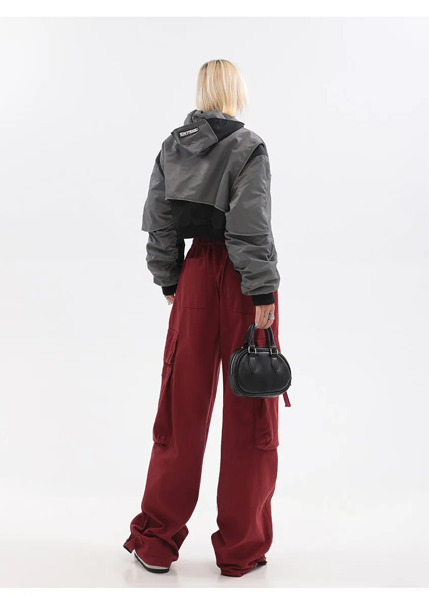 Layla Solid Color Red Straight Leg High Waist Multi-Pocket Cargo Pants