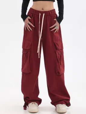 Layla Solid Color Red Straight Leg High Waist Multi-Pocket Cargo Pants