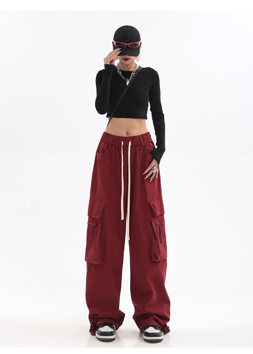 Layla Solid Color Red Straight Leg High Waist Multi-Pocket Cargo Pants