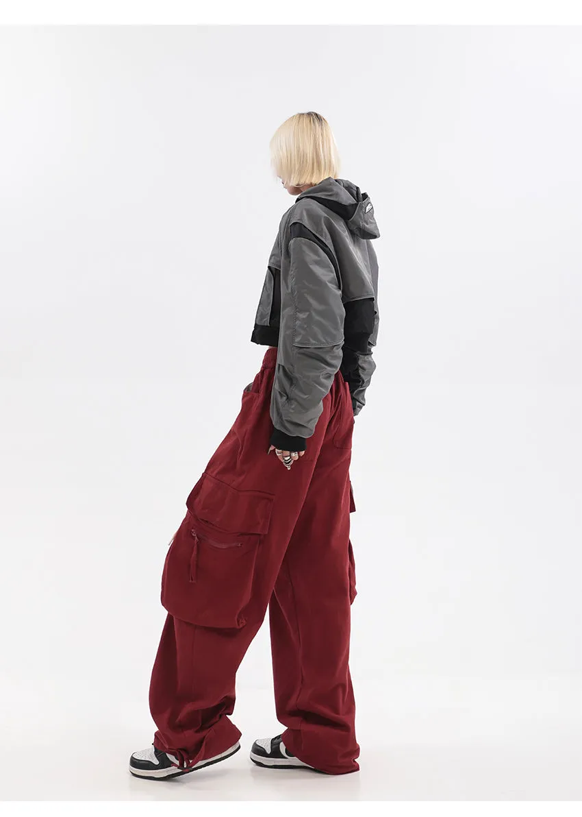 Layla Solid Color Red Straight Leg High Waist Multi-Pocket Cargo Pants