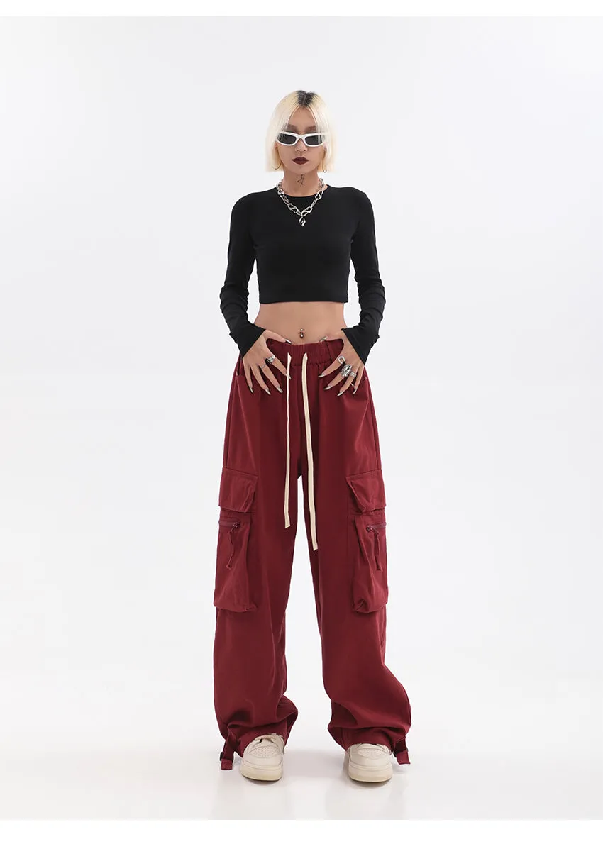 Layla Solid Color Red Straight Leg High Waist Multi-Pocket Cargo Pants