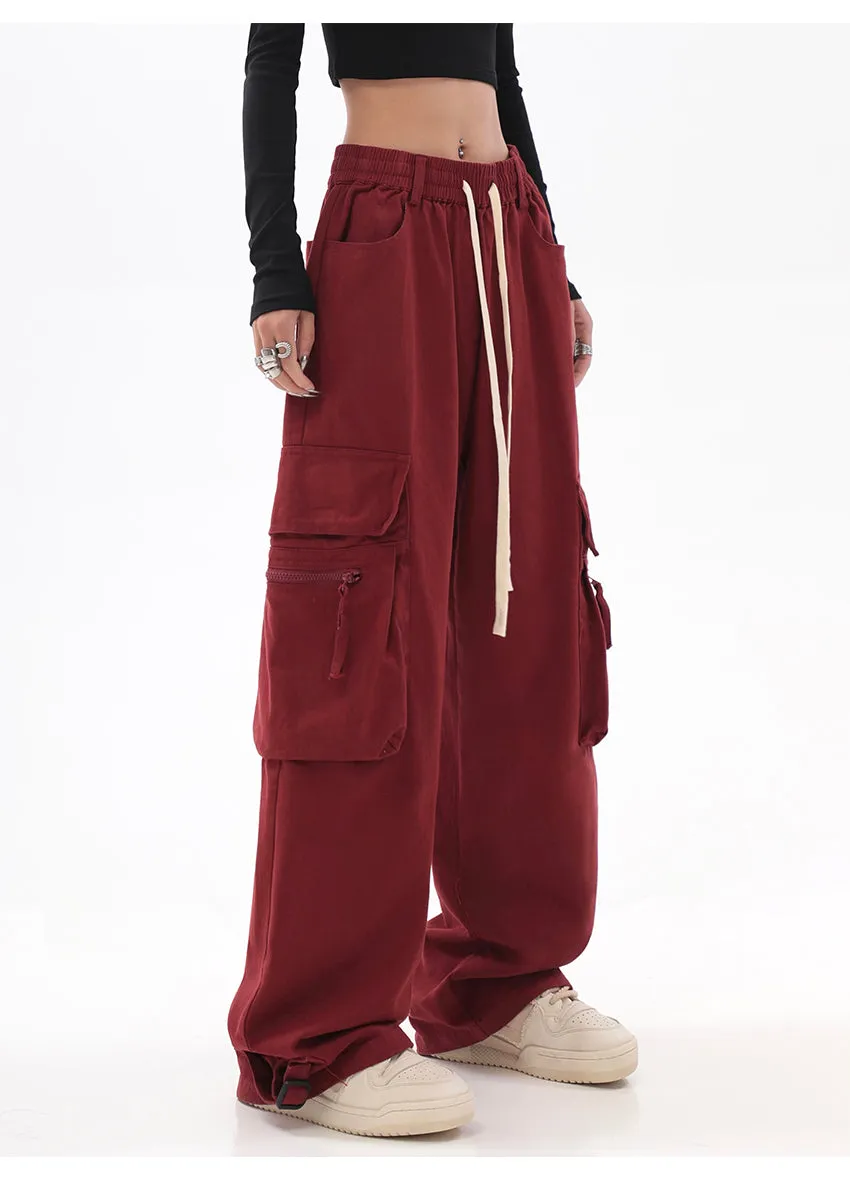 Layla Solid Color Red Straight Leg High Waist Multi-Pocket Cargo Pants