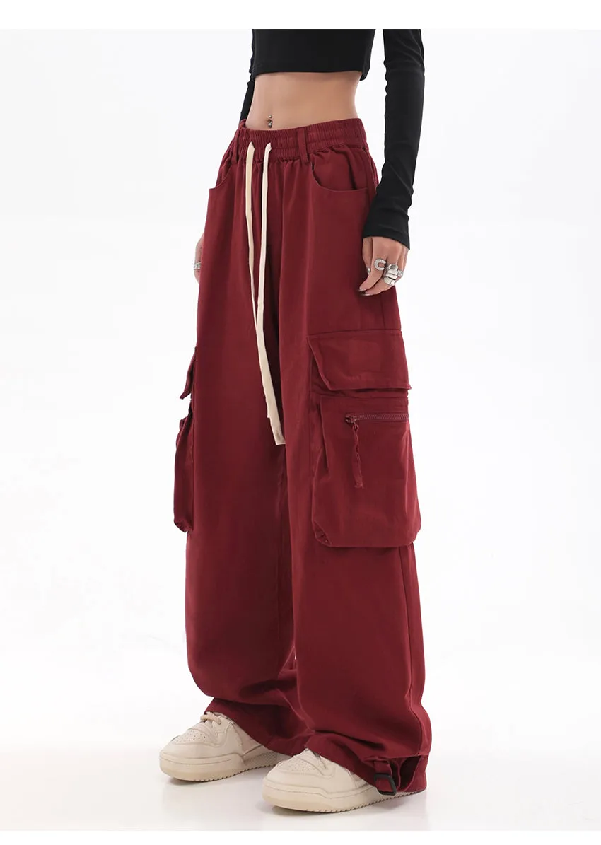 Layla Solid Color Red Straight Leg High Waist Multi-Pocket Cargo Pants