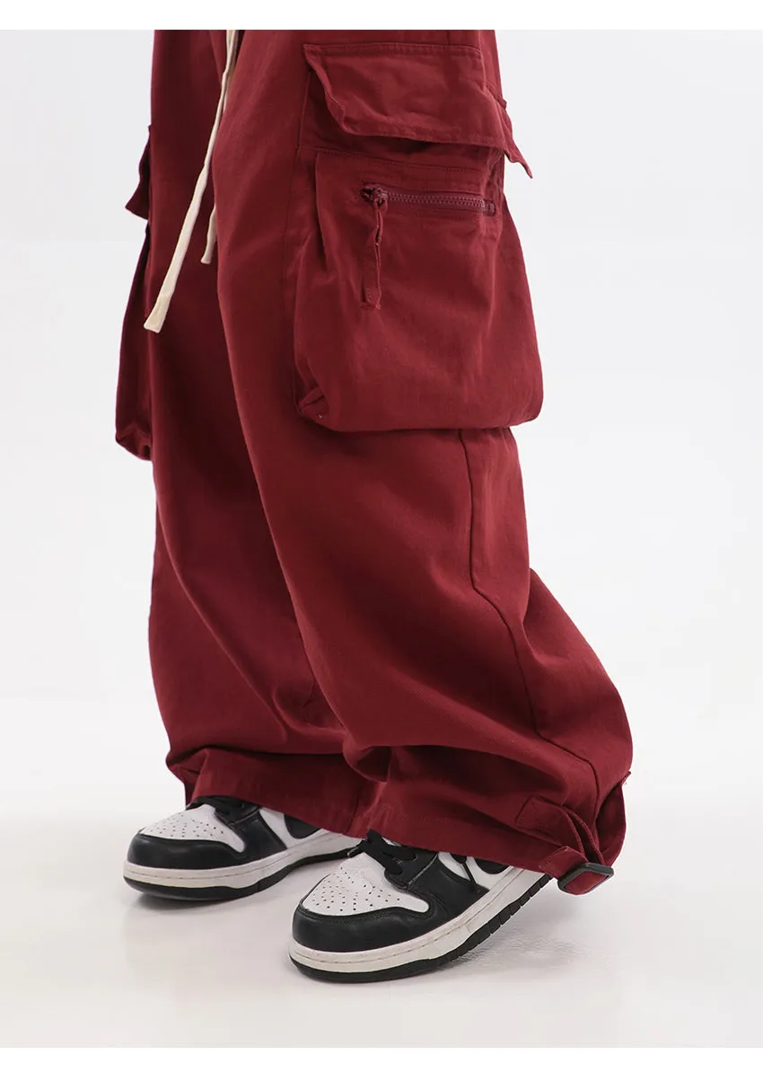 Layla Solid Color Red Straight Leg High Waist Multi-Pocket Cargo Pants