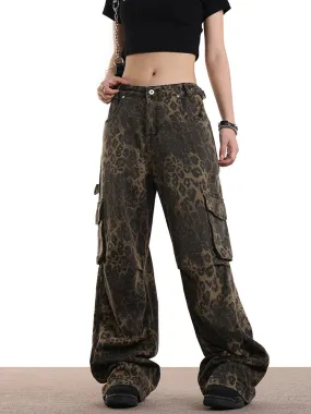 Leopard Print Pockets High Waist Wide Leg Jeans