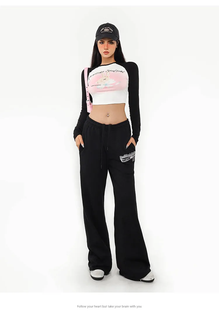 Macy Long Black Sleeve Patchwork White Cropped Top