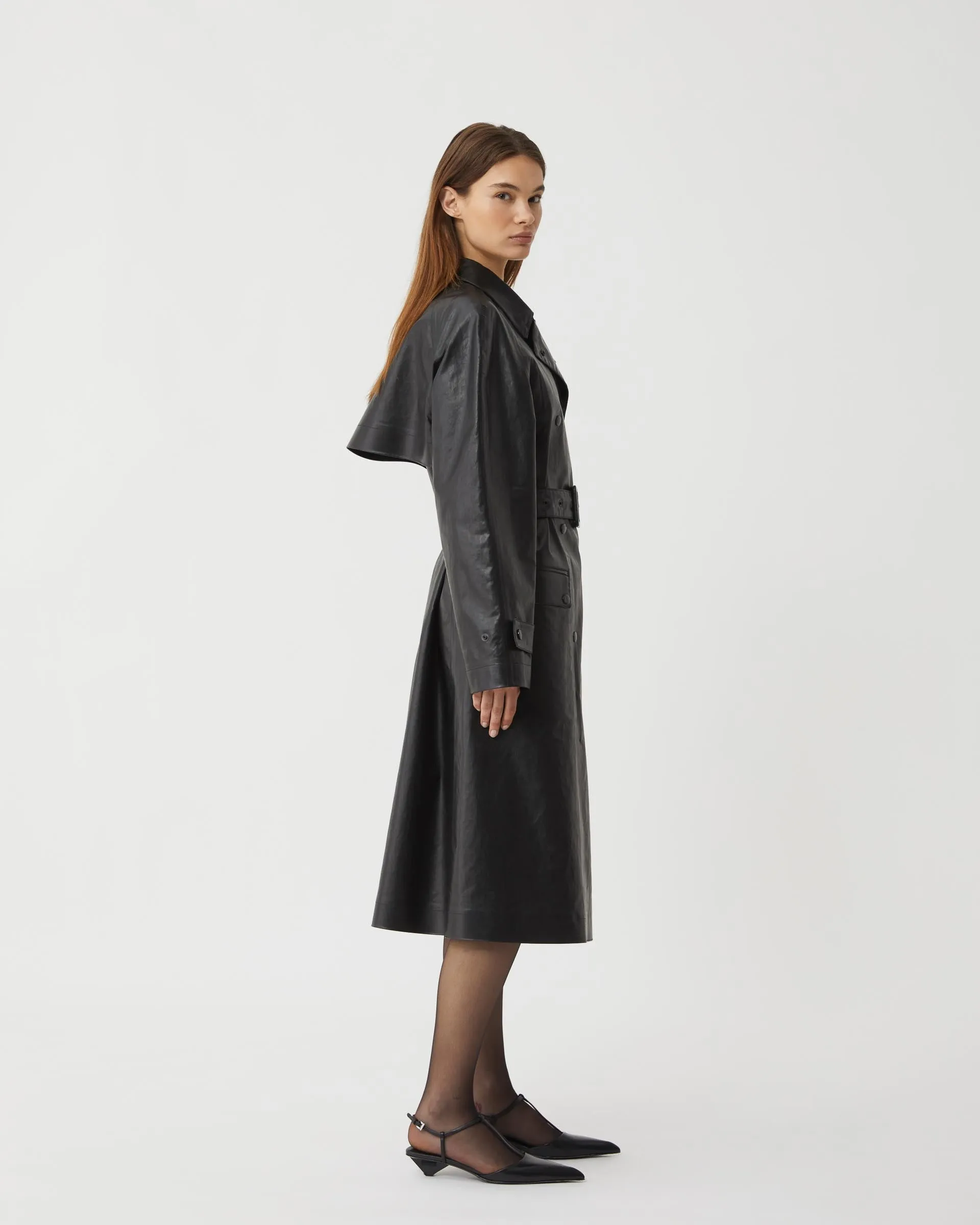 Madeleine Trench in Coated Cotton, Black