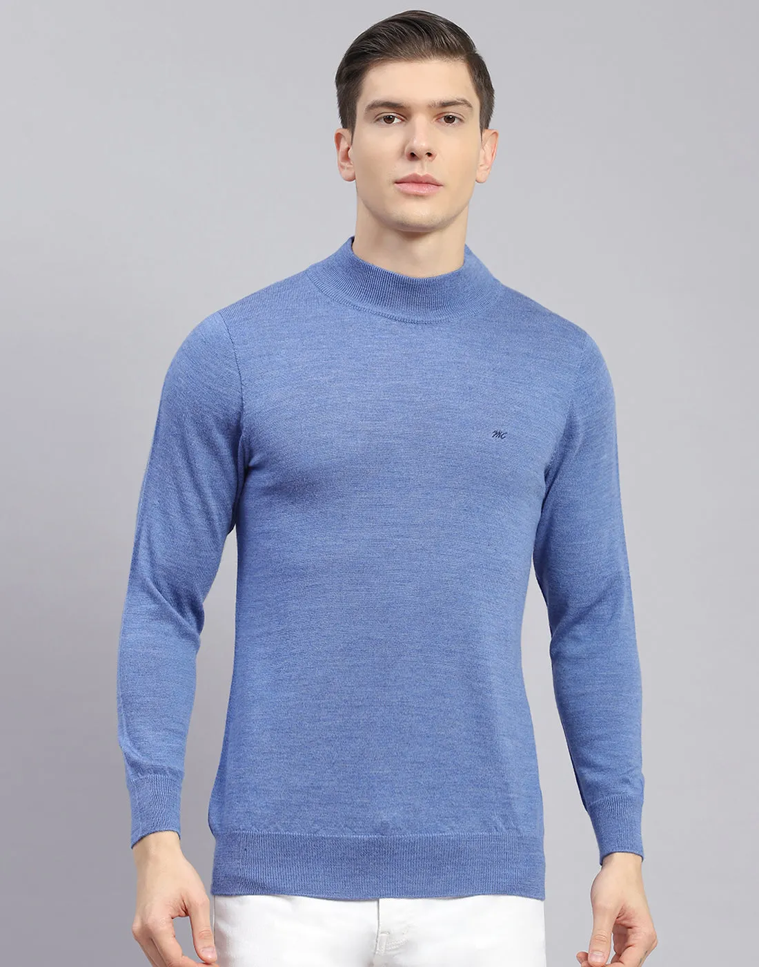 Men Blue Solid Turtle Neck Full Sleeve Pullover