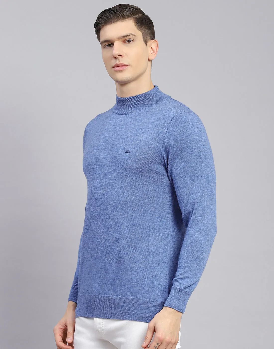 Men Blue Solid Turtle Neck Full Sleeve Pullover